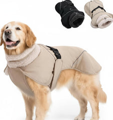PlentiVive adjustable dog coat front view shows secure fit and fleece lining.
