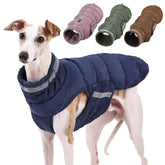 PlentiVive dog winter coat front view blue showing athletic cocoon fit for lean breeds