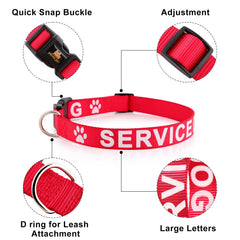 PLUTUS PET red service dog collar—large lettering close-up clarity.