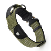 Plutus Pet tactical collar airtag pocket side view shows discreet locate feature for hikes