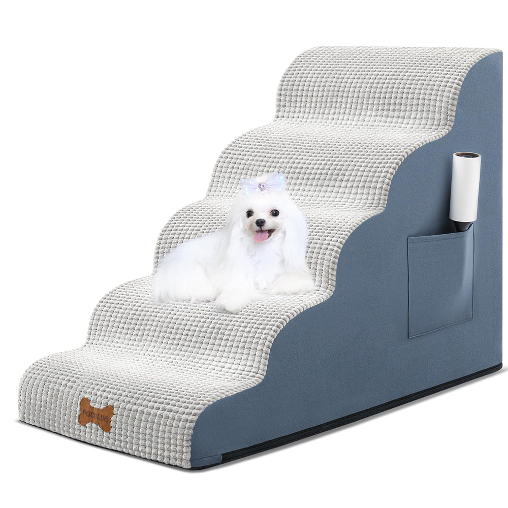 POCBLUE dog stairs 5-step wide grey on couch enhances pet access and safety