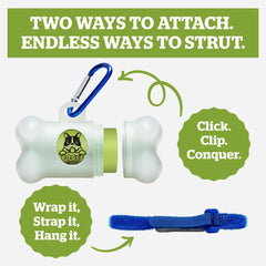 Pogi's Dog Poop Bag Dispenser carabiner clip attaches to any leash in seconds.
