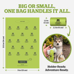 Pogi's Dog Poop Bags 9x13.5 inches fit large dogs and prevent leaks.