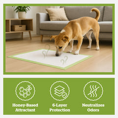 Pogi's Puppy Pads attractant image highlights honey scent guiding house training