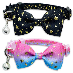 Pohshido Starshine rainbow collar with bowtie and bell on cat, adjustable and comfortable.