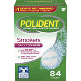 Polident Smokers Denture Cleanser tablets in tub for tobacco stain removal.