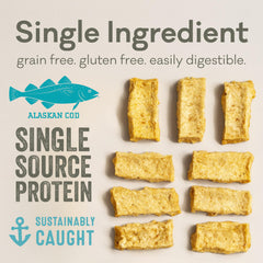 Polkadog Cod chip closeup—single-ingredient fish treat with omega-3 richness