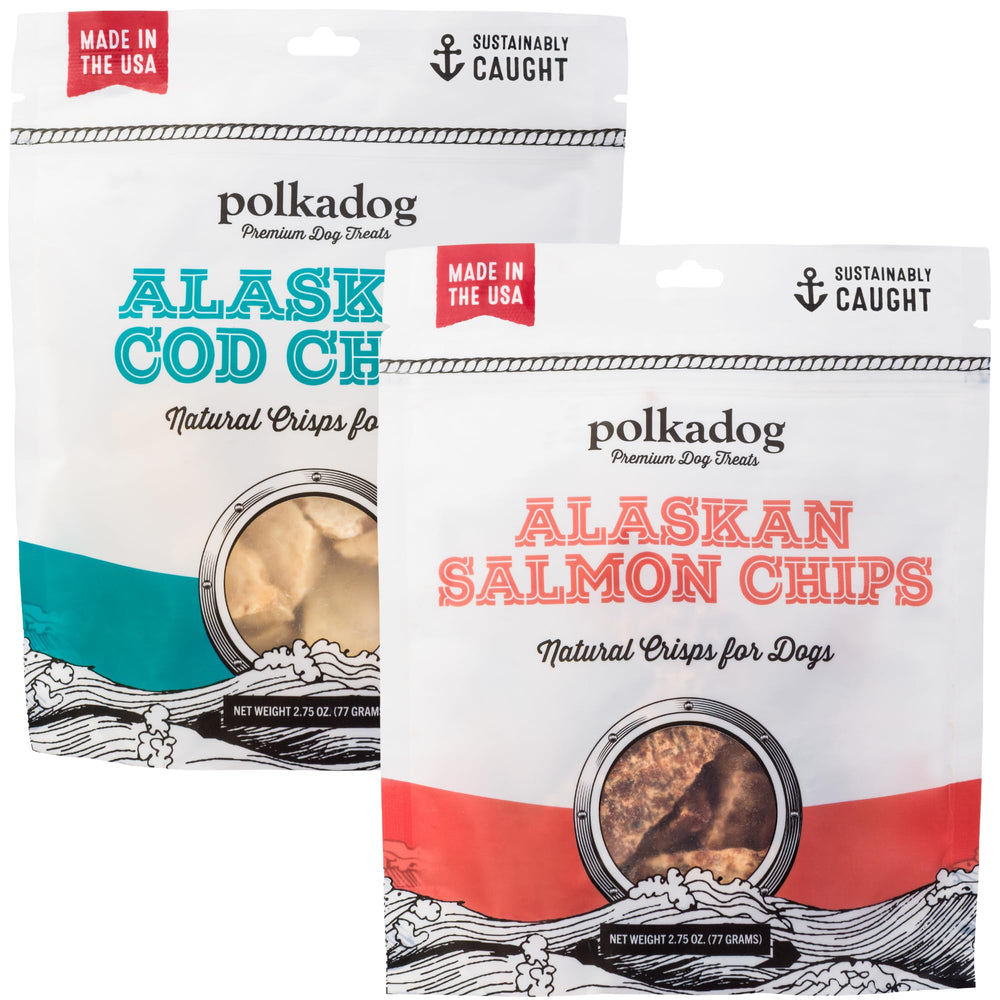 Polkadog Crunchy Alaskan Salmon Chips front view—protein-packed rewards for dogs