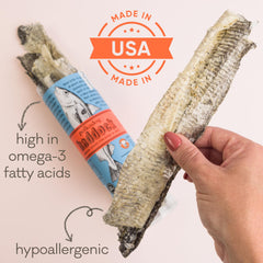 Polkadog Crunchy Haddock Skins training-treat image shows dehydrated crunch and lasting flavor.