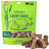 Polkadog Lucky Duck bone-shaped treats packaging showcases premium natural ingredients for training rewards.