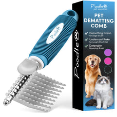 POODLIE Poodle Dematting Fur Rake comb close-up showing gentle detangling for dogs and cats.