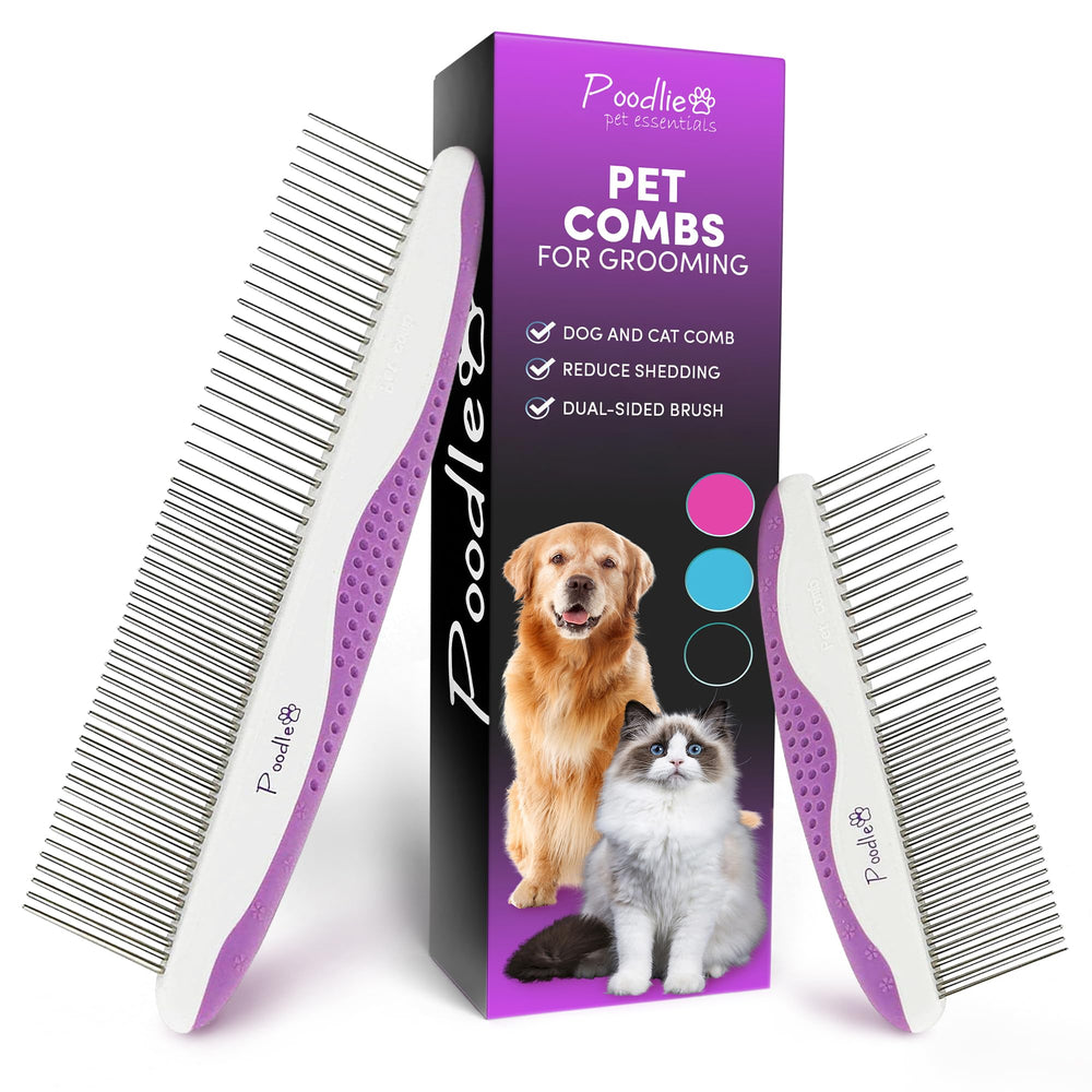 Poodlie poodle pet combs 2-pack angle view for easier grooming with anti-slip grip.