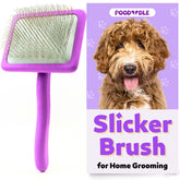 Poodoodle Small Slicker Brush purple-handle closeup for gentle curly-coat detangling.