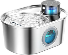 POOEKEN wireless cat fountain front view highlighting compact stainless design for safe drinking.