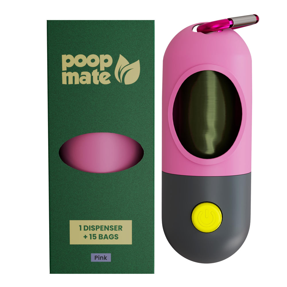 Poop Mate LED flashlight dispenser on leash clip brightens night walks for safer outings