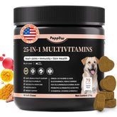 POPPAW 25-in-1 dog multivitamin chews bottle supports daily vitality for all breeds.