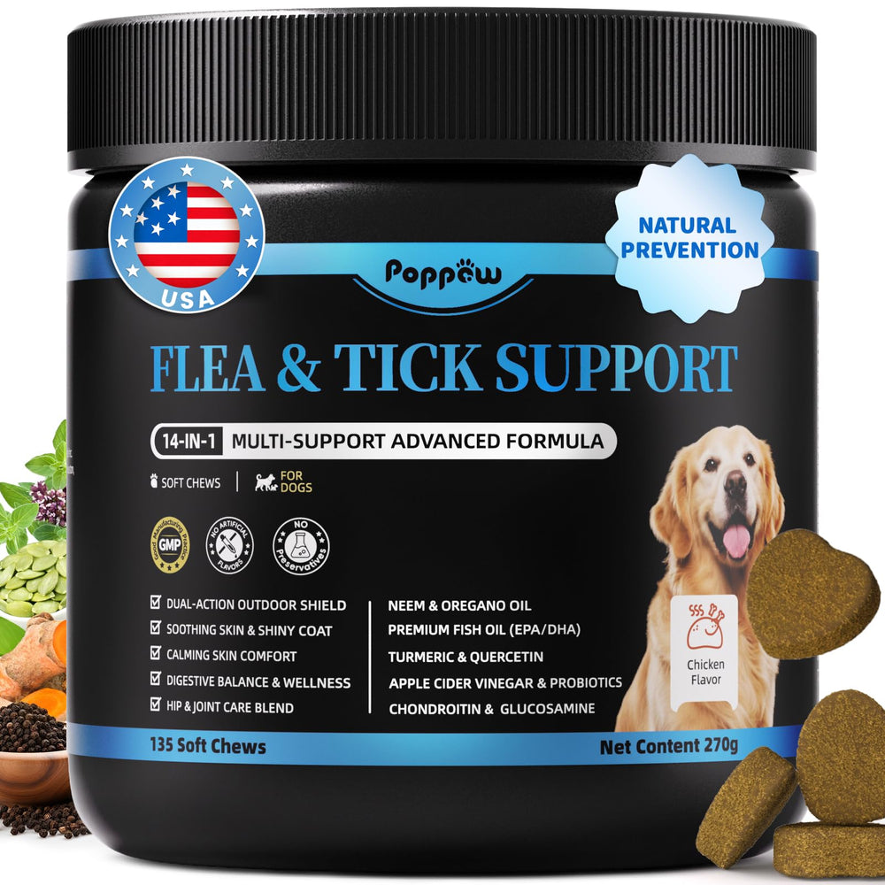 POPPAW dog flea-tick chew bag showing natural formula for outdoor protection