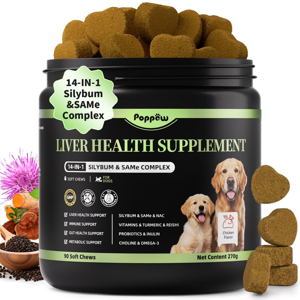 POPPAW dog liver-support chews packaging highlights a 14 ingredient formula for holistic care