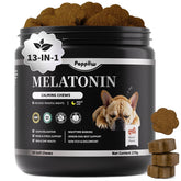POPPAW dog melatonin chews bottle on counter for nighttime calm.