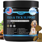 Poppaw flea-tick chews tub closeup highlighting natural protection for dogs