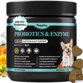 POPPAW probiotics dog chews bottle closeup for daily gut health with chicken flavor.