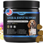 POPPAW senior dog liver joint supplement bottle highlighting joint support benefit