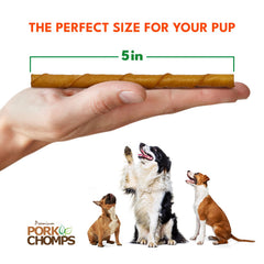 Pork Chomps pork skin digestible chew close-up emphasizes high-protein, low-fat snack.
