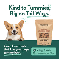 Portland Pet Food Company gingerbread treats shown in varied sizes for all dogs