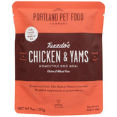 Portland Pet Food Company Tuxedo's Chicken and Yams dog meal pouch front view for convenient home feeding