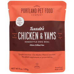 Portland Pet Food Company Tuxedo's Chicken and Yams dog meal pouch front view for convenient home feeding
