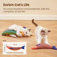Potaroma Saury Fish toy in three bright colors for engaging kitten play.