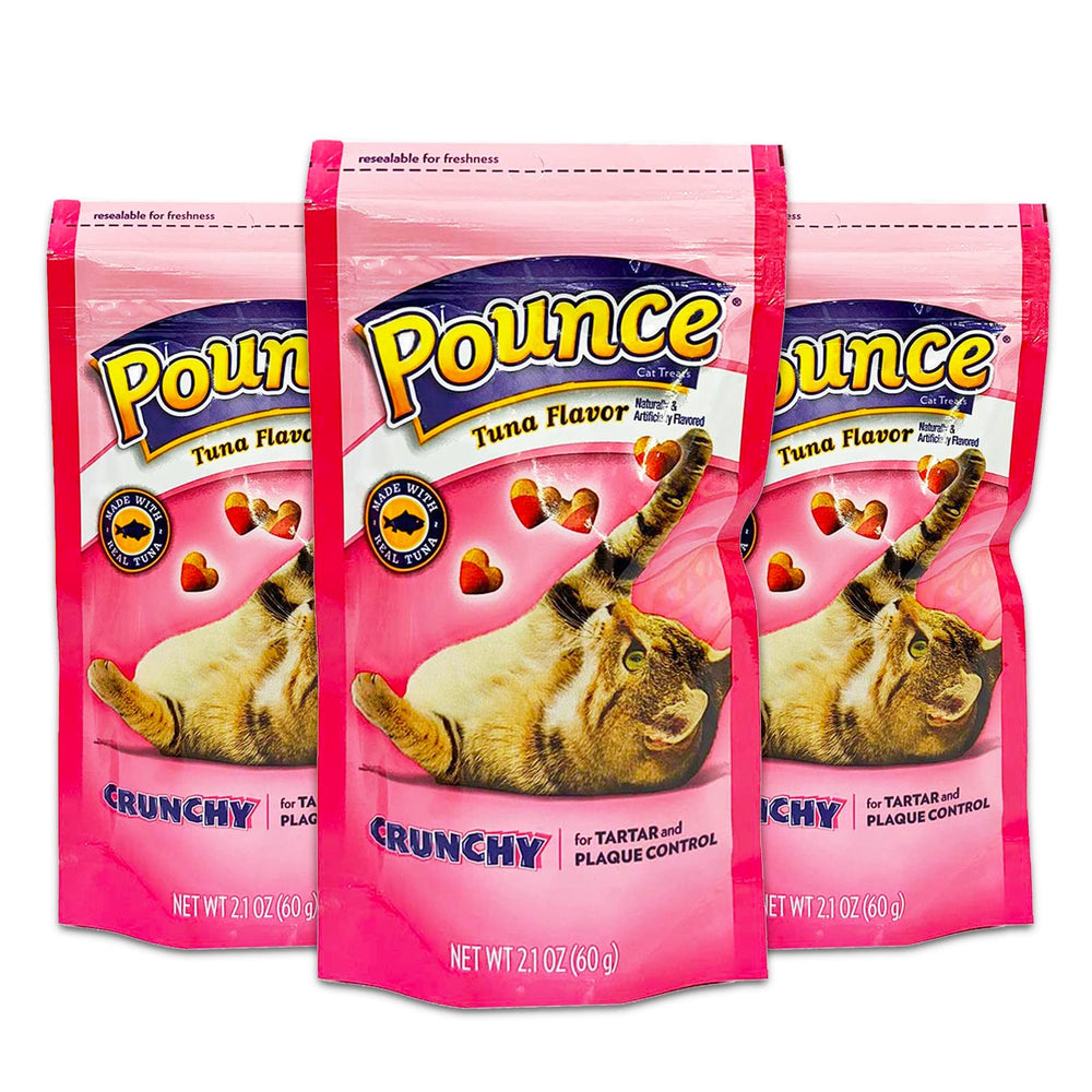 Pounce Crunchy Tuna Cat Treats 3-Pack with real tuna for indoor/outdoor cats; supports tartar control.