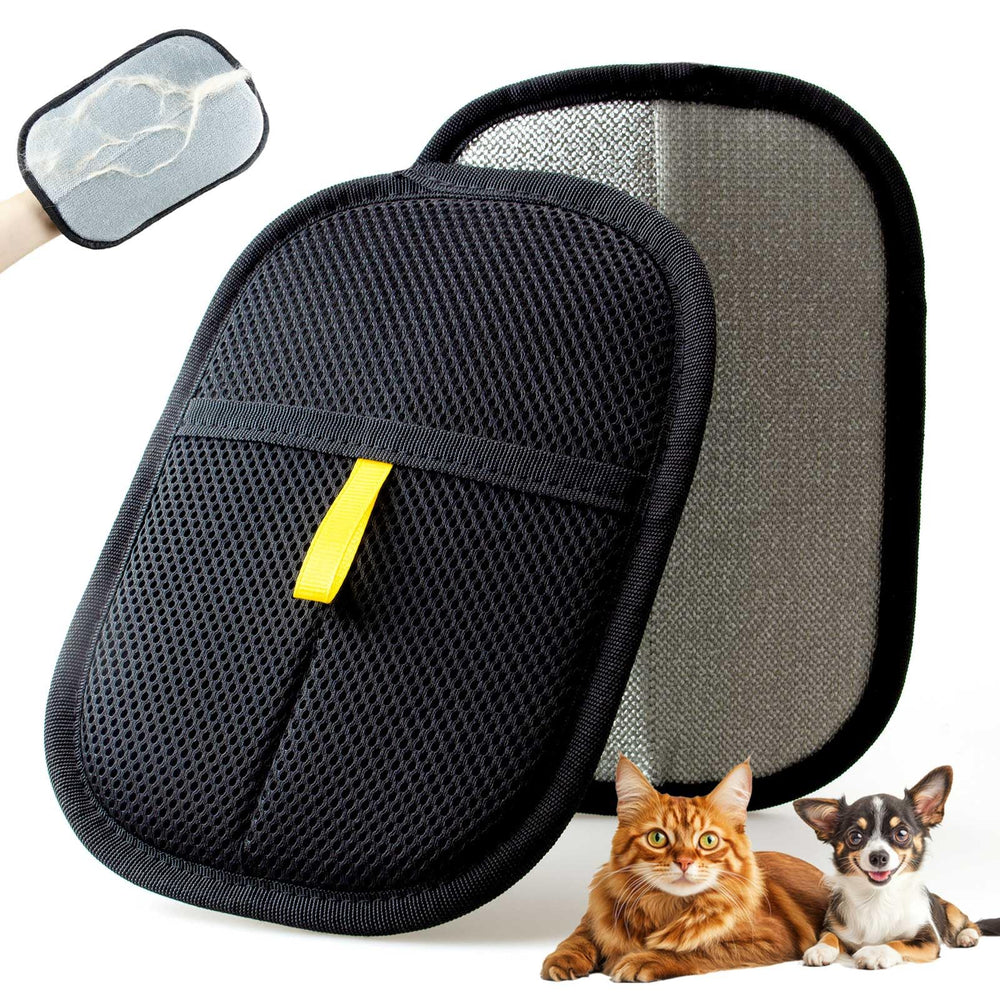 POUPUA pet hair removal glove in use on sofa surface with fur lifting