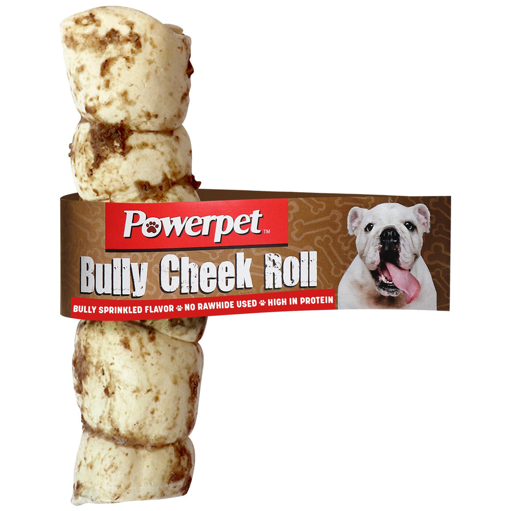 Powerpet Treats Bully Beef Cheek Rolls packaging for a natural dog chew
