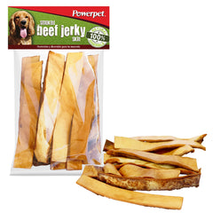 Powerpet Treats smoked beef jerky skin packaging highlights premium natural ingredients for healthy snacking.
