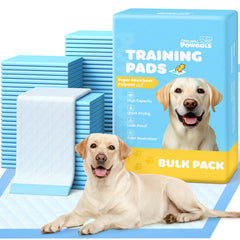 Powools 100-pack puppy pads pack-overview shows bulk supply for consistent potty training.