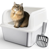 Powools stainless steel cat litter box top-entry design minimizes spills and litter scatter.