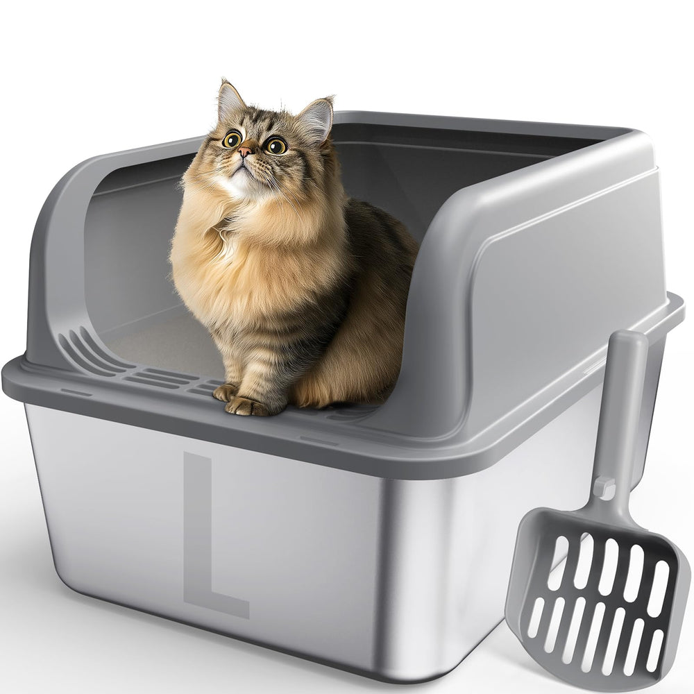 Powools stainless steel cat litter box top-entry design helps curb mess.