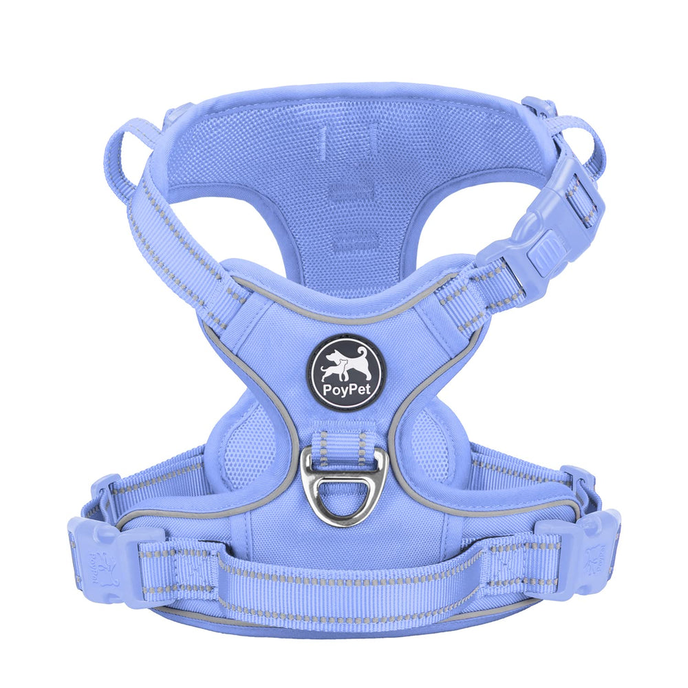 PoyPet No-Pull Harness front D-ring for controlled walks and training.