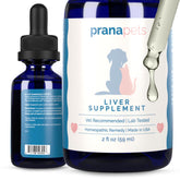 PranaPets liver supplement bottle label highlighting natural ingredients and liver support for pets.