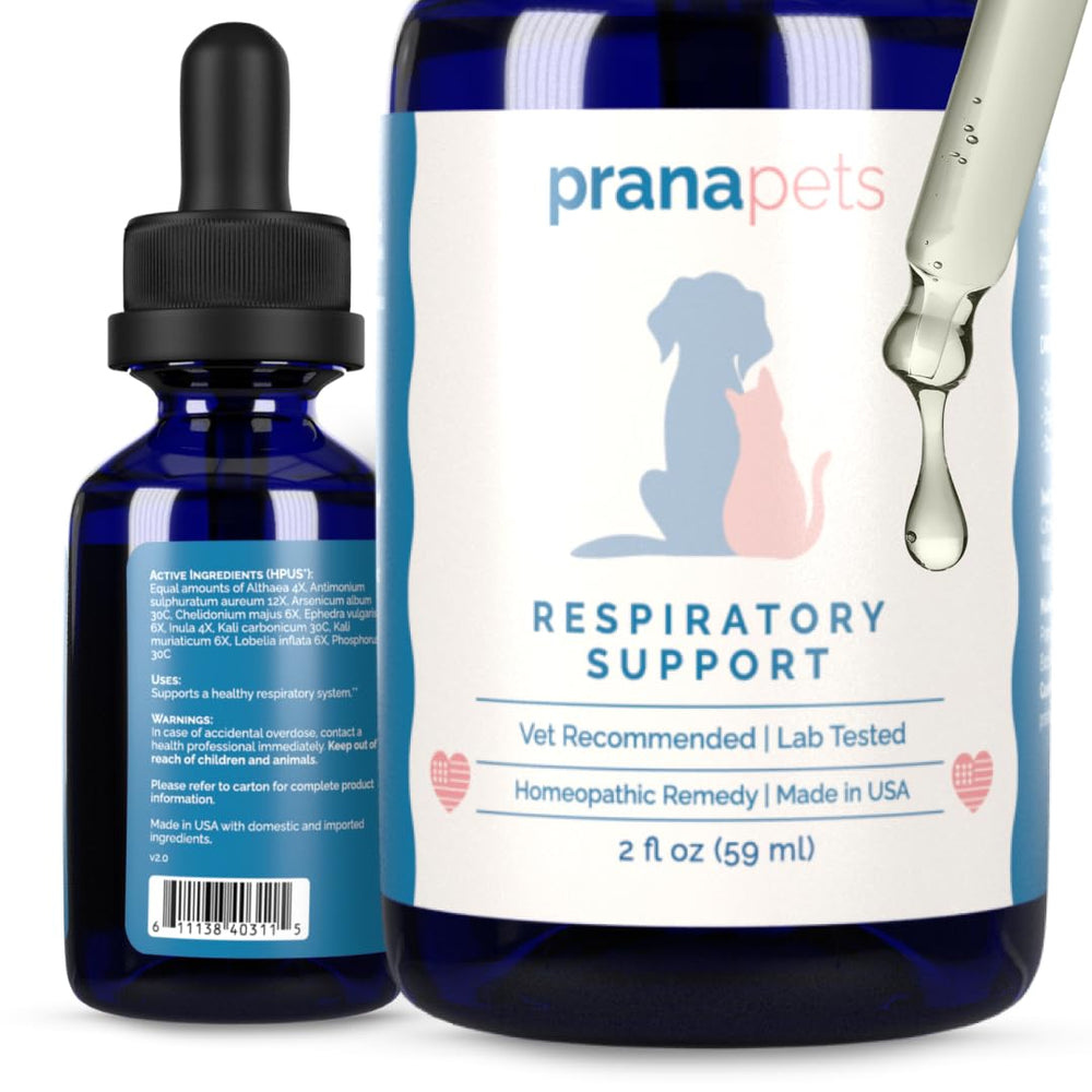 PranaPets Respiratory Support bottle highlights a natural blend for breathing comfort