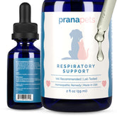 PranaPets Respiratory Support bottle highlights a natural blend for breathing comfort