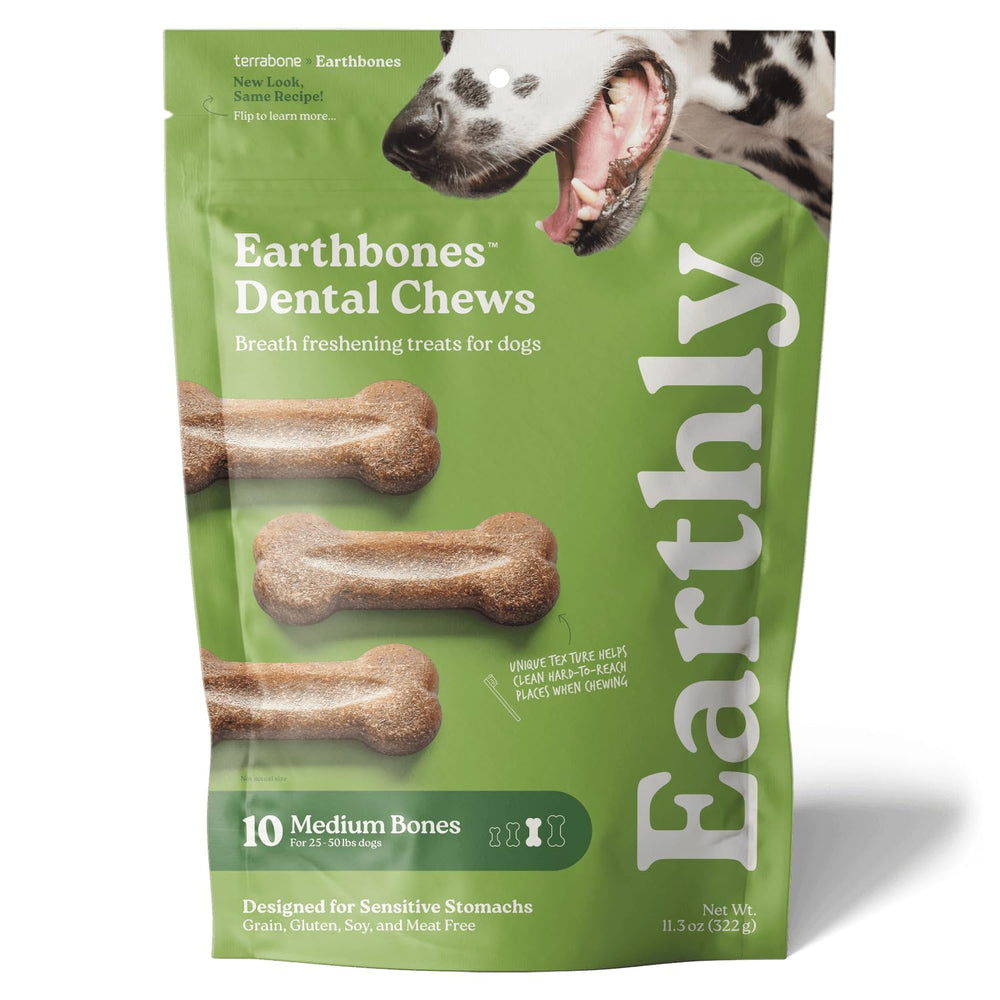 Presidio Earthbones packaging label highlights USA-made dental chews for dogs supporting fresh breath.