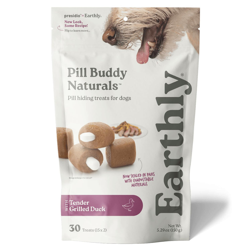 Presidio Earthly Pill Buddy Naturals duck-pill-pocket packaging shows a fresh, trusted look