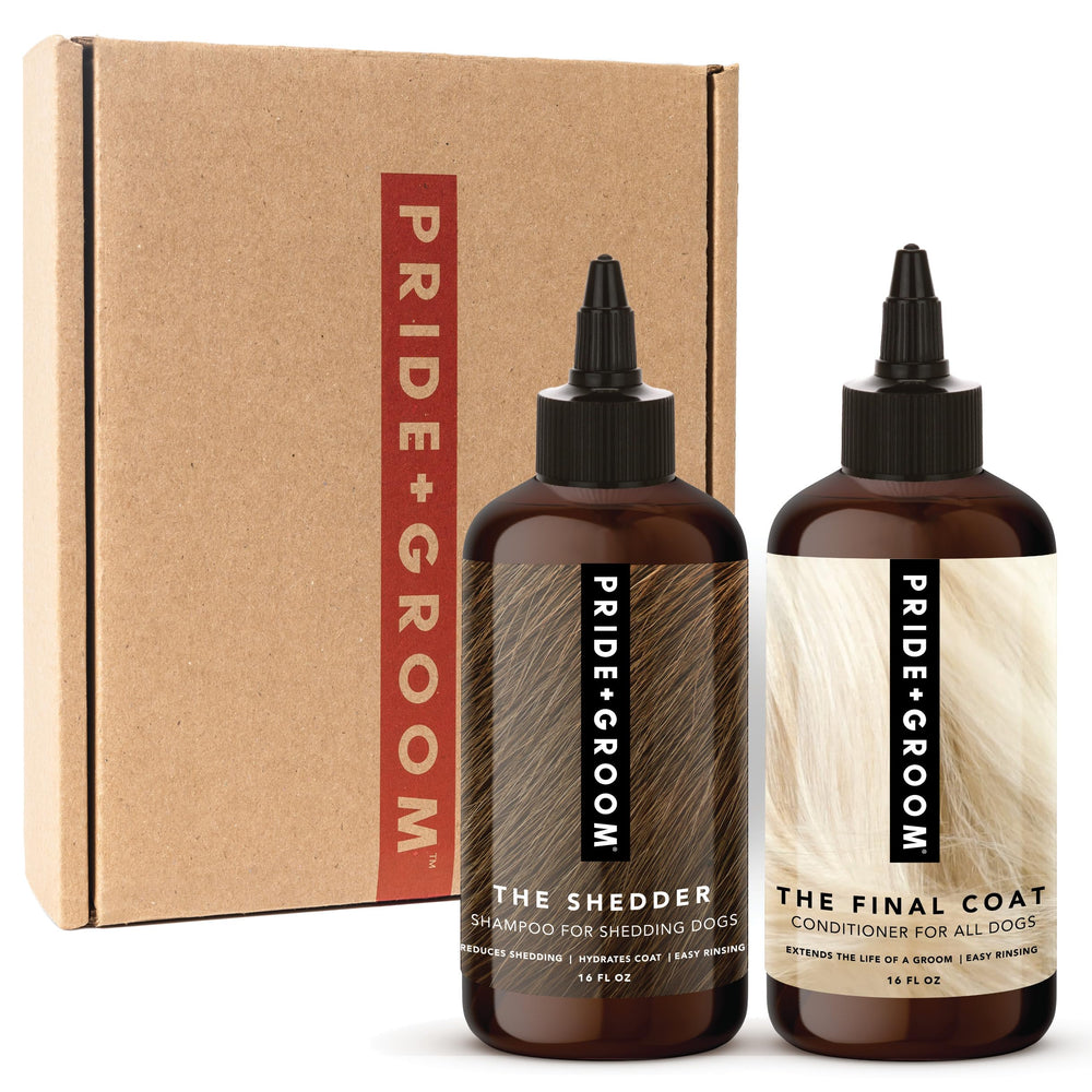 Pride and Groom The Shedder Shampoo bottle for deshedding and moisture on curly coats