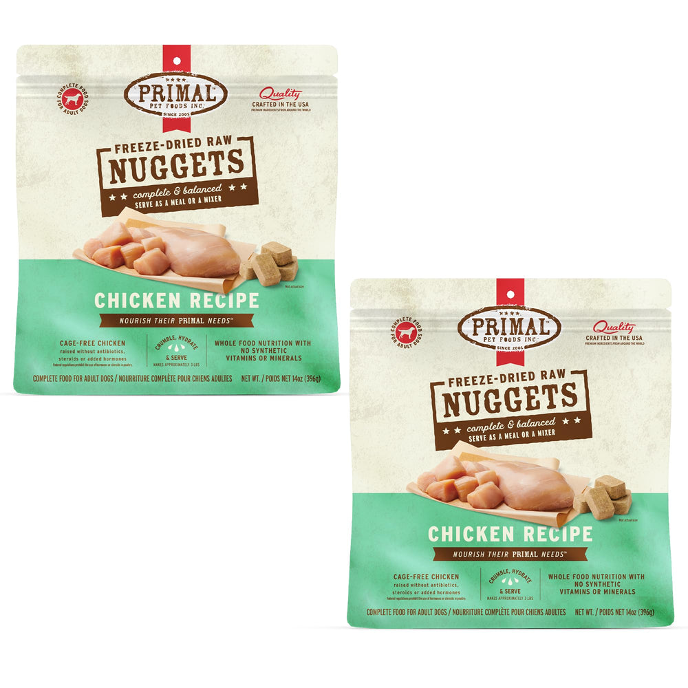 Primal freeze-dried chicken nuggets packaging shows premium ready-to-serve quality
