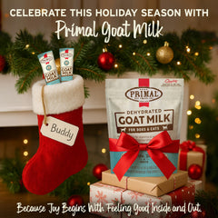 Primal Goat Milk Powder pouch highlights ready-to-use topping for on-the-go pets.
