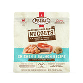 Primal Pet Foods freeze-dried raw cat food nuggets featuring chicken and salmon for balanced nutrition.