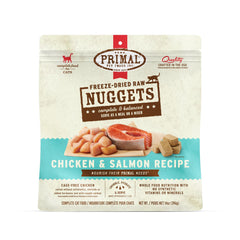Primal Pet Foods freeze-dried raw cat food nuggets featuring chicken and salmon for balanced nutrition.