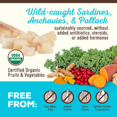 Primal Pet Foods grain-free meal mixers close-up; high-quality meats and produce support balanced nutrition.